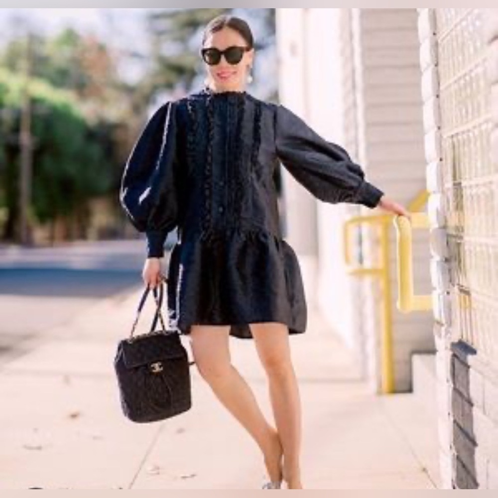 Sister Jane Navy Blue Balloon Sleeve Embroidered Dress Size XS